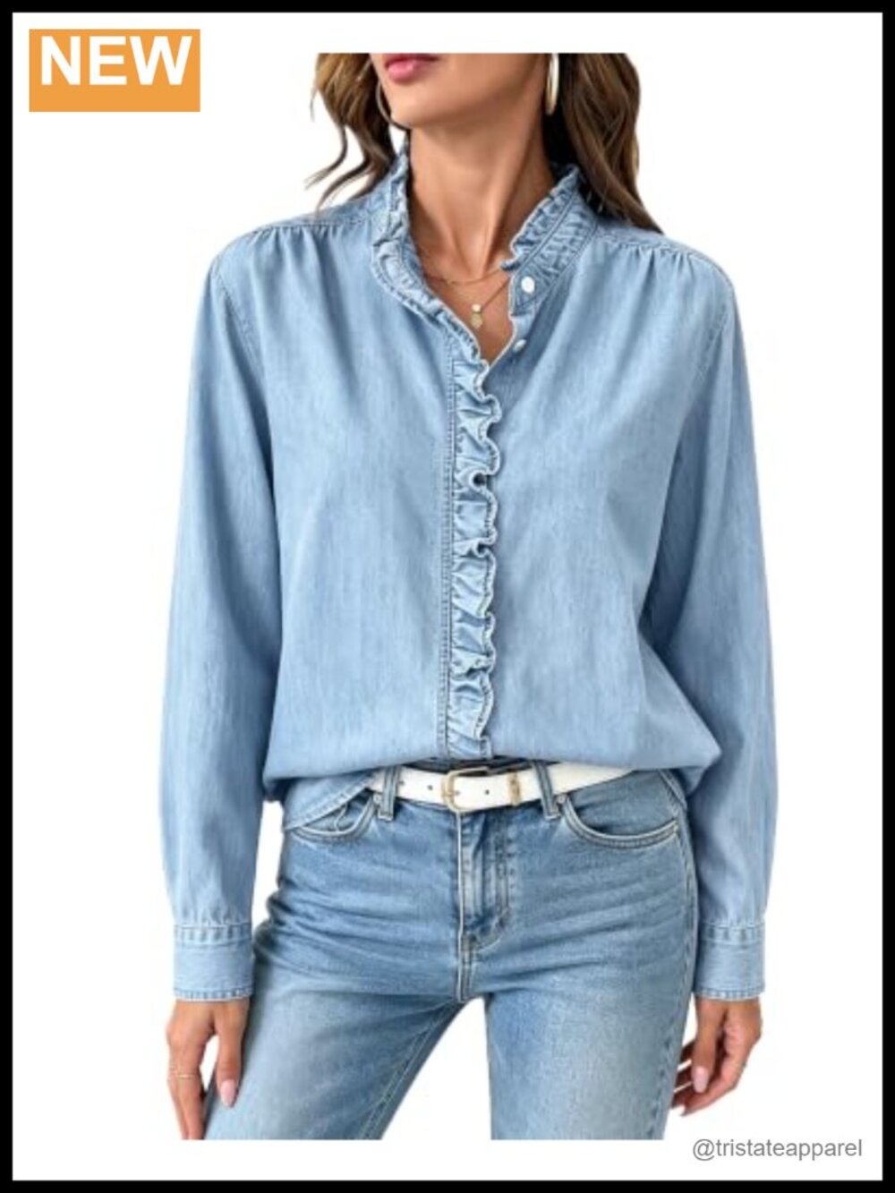 Women's Ruffle Denim Blouse Long Sleeve Button Down Casual Shirt